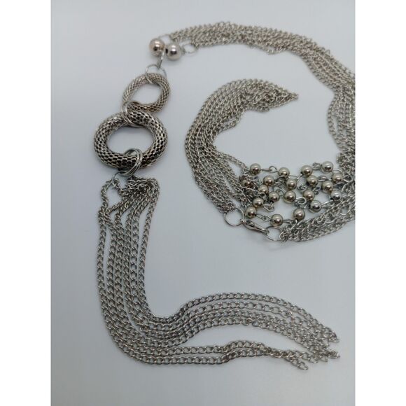 Multi Strand Circular Chain Tassel Pendant Silver Tone 24" Chain Necklace - Picture 3 of 6